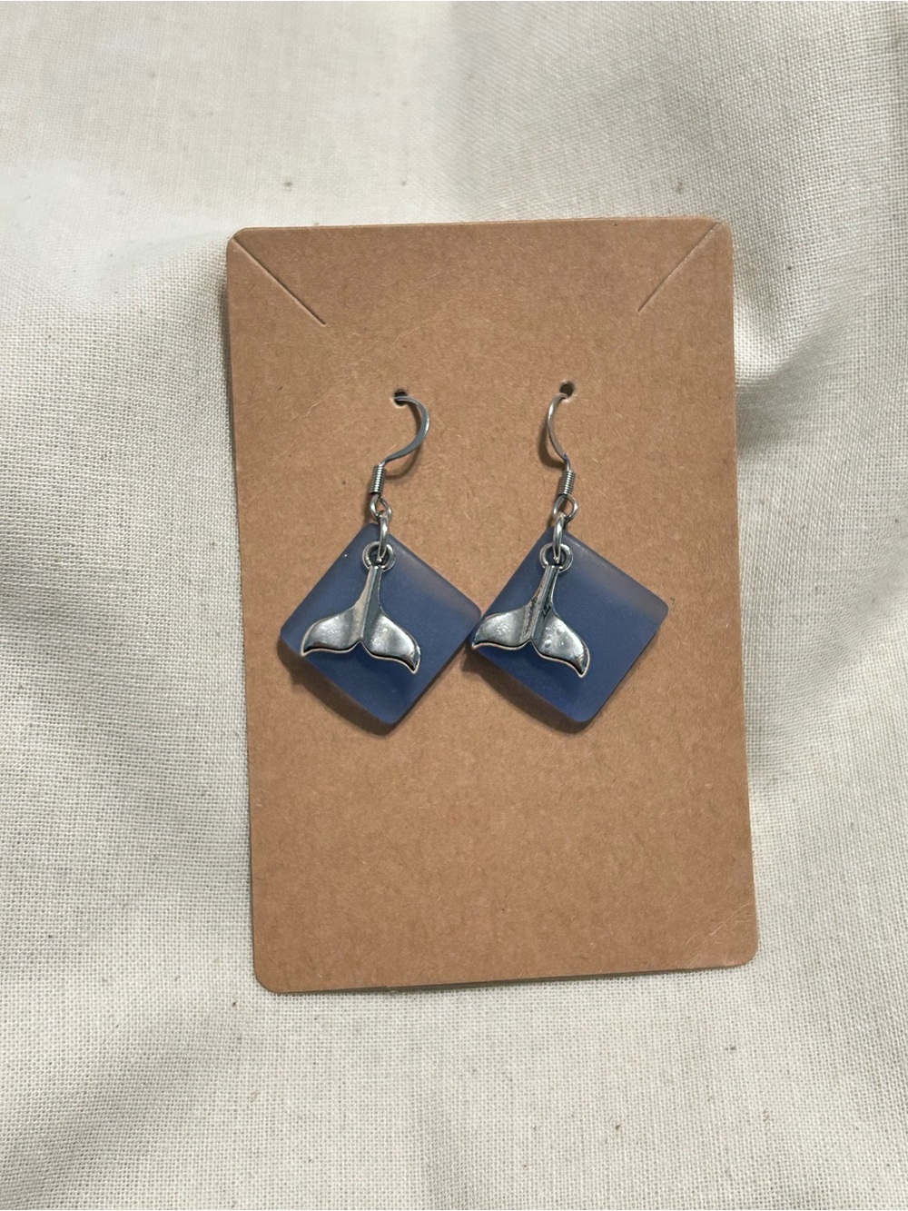 Blue Sea Glass Whale Tail Drop Earrings